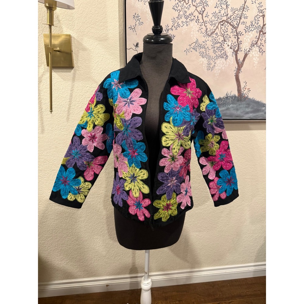 Anage Vintage Womens Small Black Cotton Floral Embroidered Beaded Zip Up Jacket